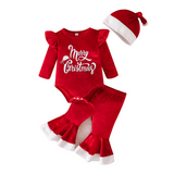SantaBaby – Vrolijk & Knus – Baby 3 stuks Kerstset met Romper, Flared Broek en Hoed