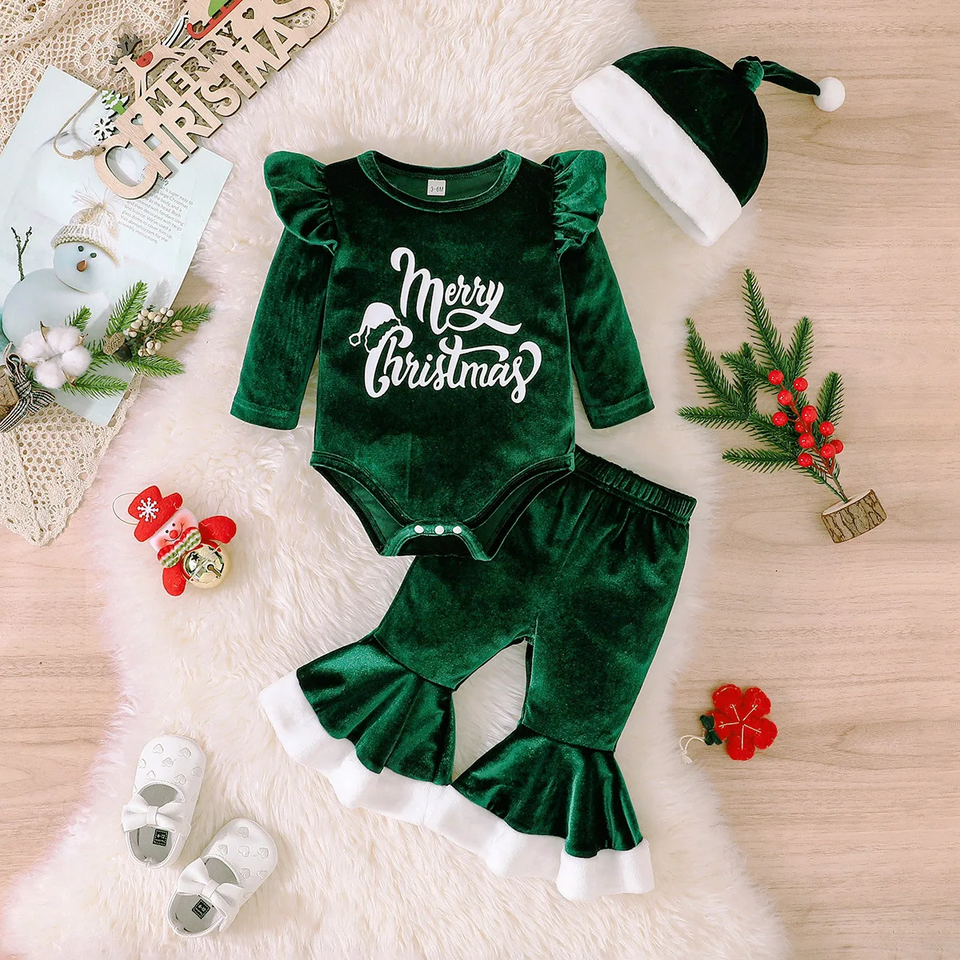 SantaBaby – Vrolijk & Knus – Baby 3 stuks Kerstset met Romper, Flared Broek en Hoed