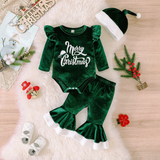 SantaBaby – Vrolijk & Knus – Baby 3 stuks Kerstset met Romper, Flared Broek en Hoed