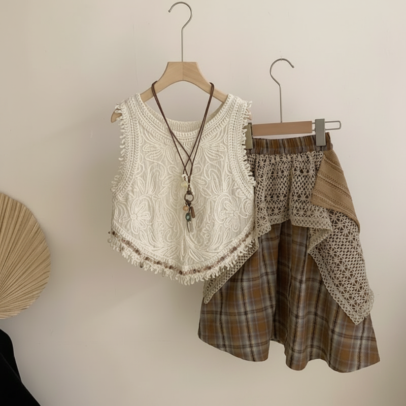 TinyTrends – Boho Chic & Schattig – Gehaakte Top met Geruite Rok