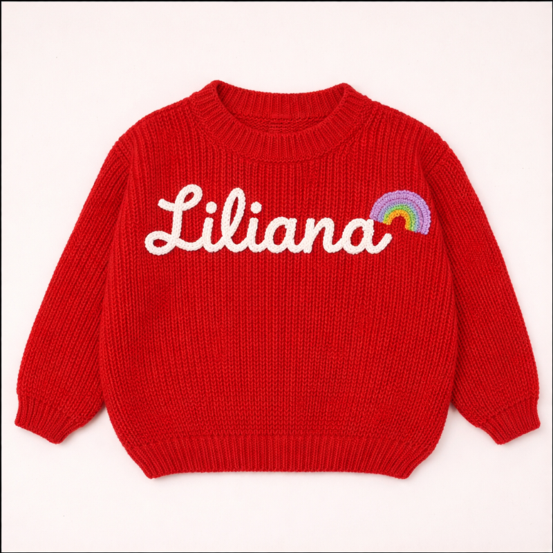 TinyStitch – Gepersonaliseerde Gebreide Naamtrui voor Kinderen