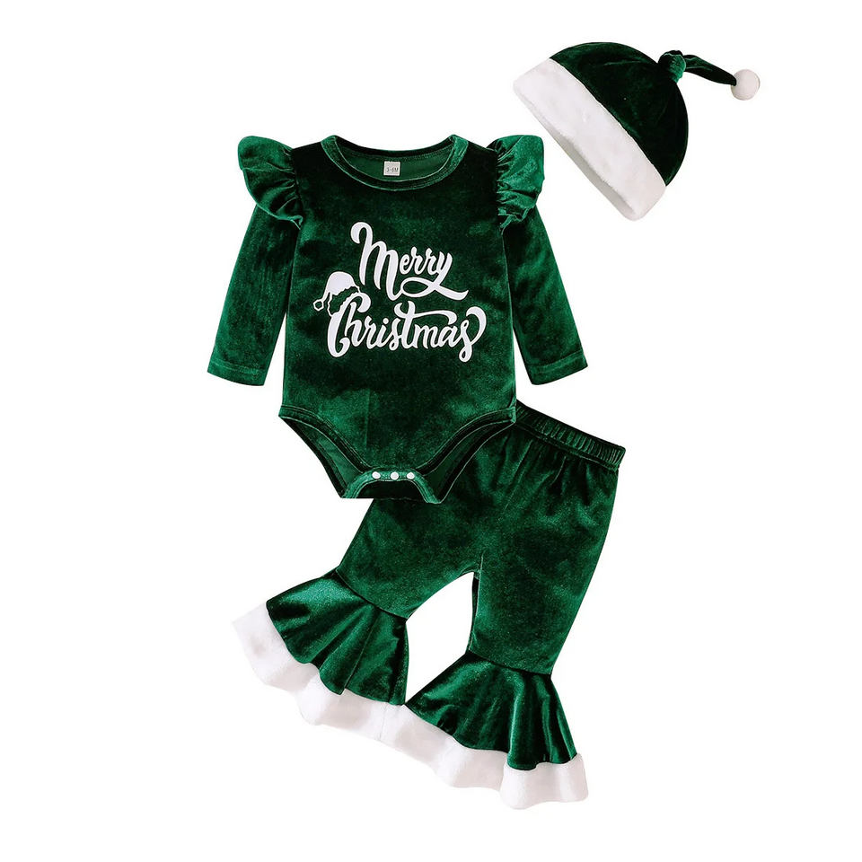 SantaBaby – Vrolijk & Knus – Baby 3 stuks Kerstset met Romper, Flared Broek en Hoed