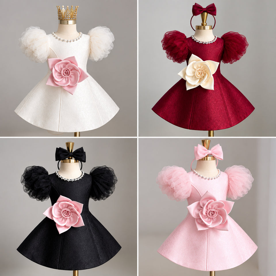 LittleRose – Elegant & Feestelijk – Meisjes Jurk met 3D Bloem en Pofmouwen