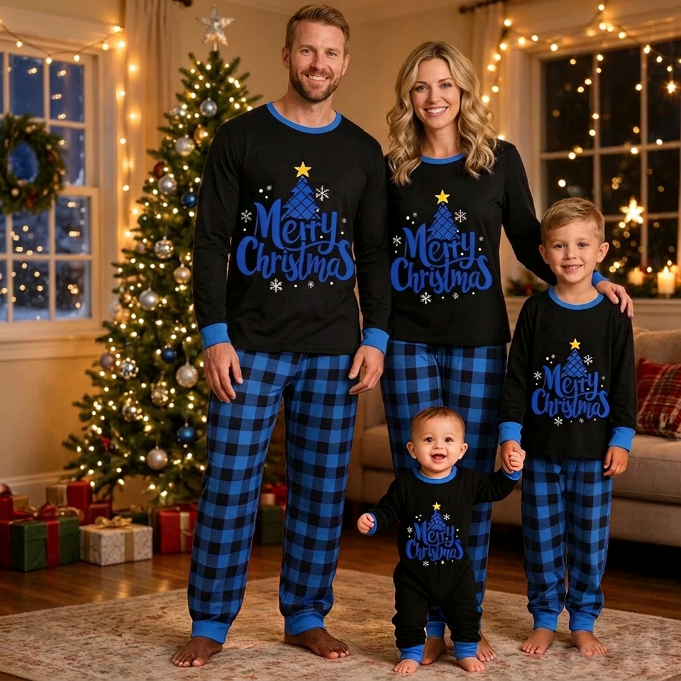 CozyChristmas – Feestelijk & Comfortabel – Familie Kerstpyjama met Blauwe Ruitjesbroek