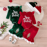SantaBaby – Vrolijk & Knus – Baby 3 stuks Kerstset met Romper, Flared Broek en Hoed