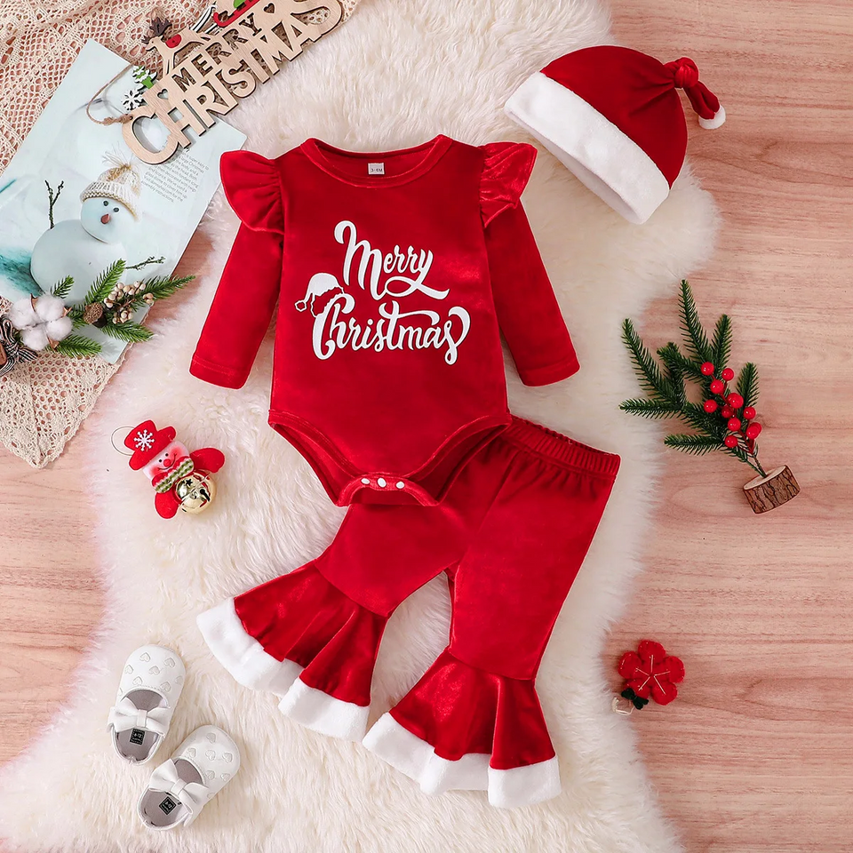 SantaBaby – Vrolijk & Knus – Baby 3 stuks Kerstset met Romper, Flared Broek en Hoed