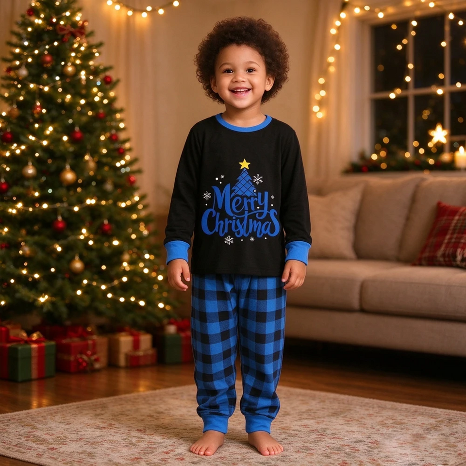 CozyChristmas – Feestelijk & Comfortabel – Familie Kerstpyjama met Blauwe Ruitjesbroek