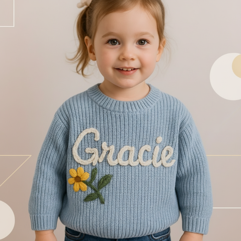 TinyStitch – Gepersonaliseerde Gebreide Naamtrui voor Baby’s & Kinderen