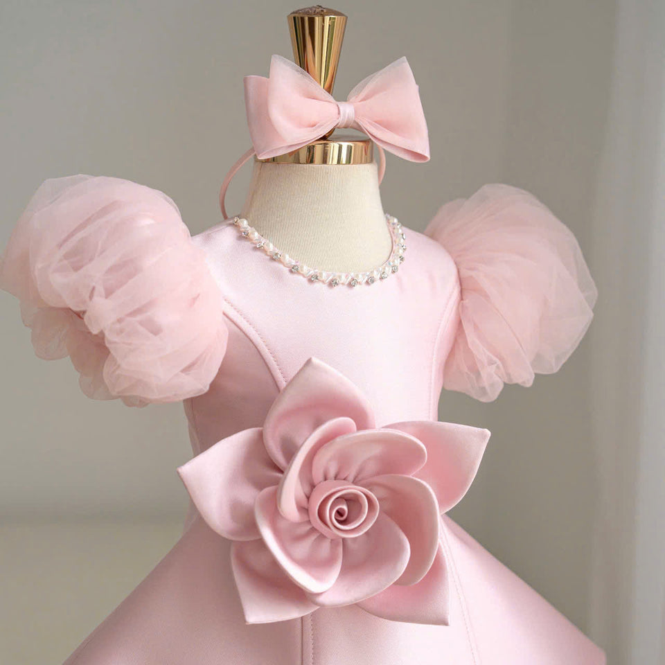 LittleRose – Elegant & Feestelijk – Meisjes Jurk met 3D Bloem en Pofmouwen