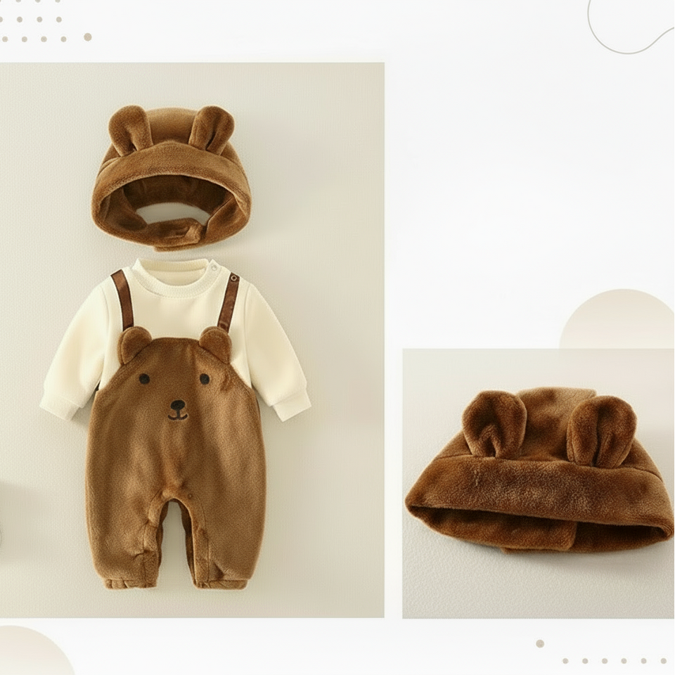 MiniSnow – Knus & Beschermend – Pluche Romper & Muts