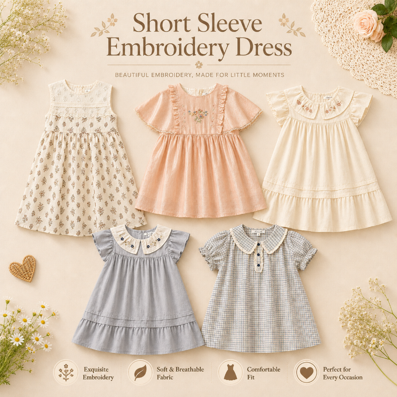 Short Sleeve Embroidery Dress – Elegant & Comfort – Boutique Meisjesjurk