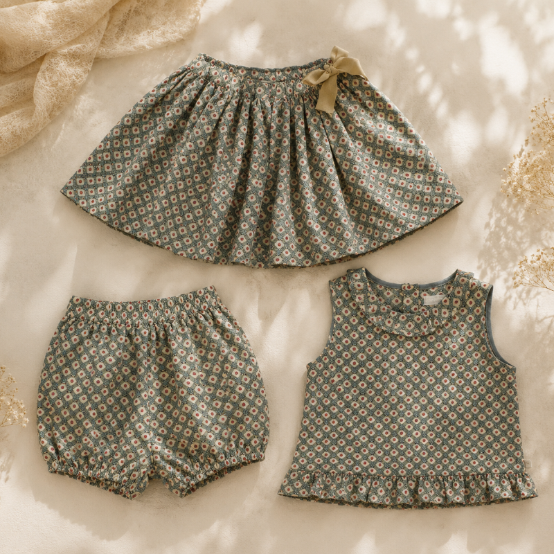 Matching Set – Comfortabel & Madelief-print – Bloomer, Rok & Blouse