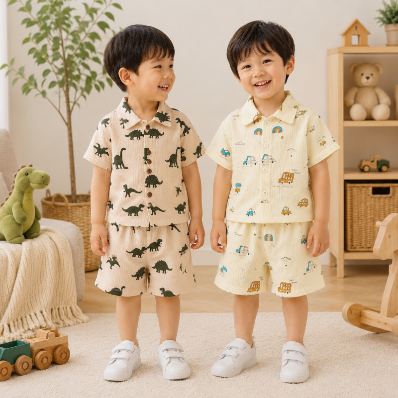 Dinosaur & Car Print Outfit – Stoer & Speels – Zomer Kleding Set