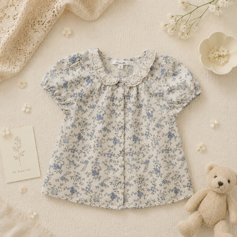 Vine Print Blouse – Licht & Schattig – Kinder Blouse met pofmouwtjes