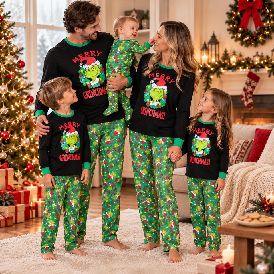 ChristmasGrinch – Speels & Gezellig – Familie Kerstpyjama met Grinchprint