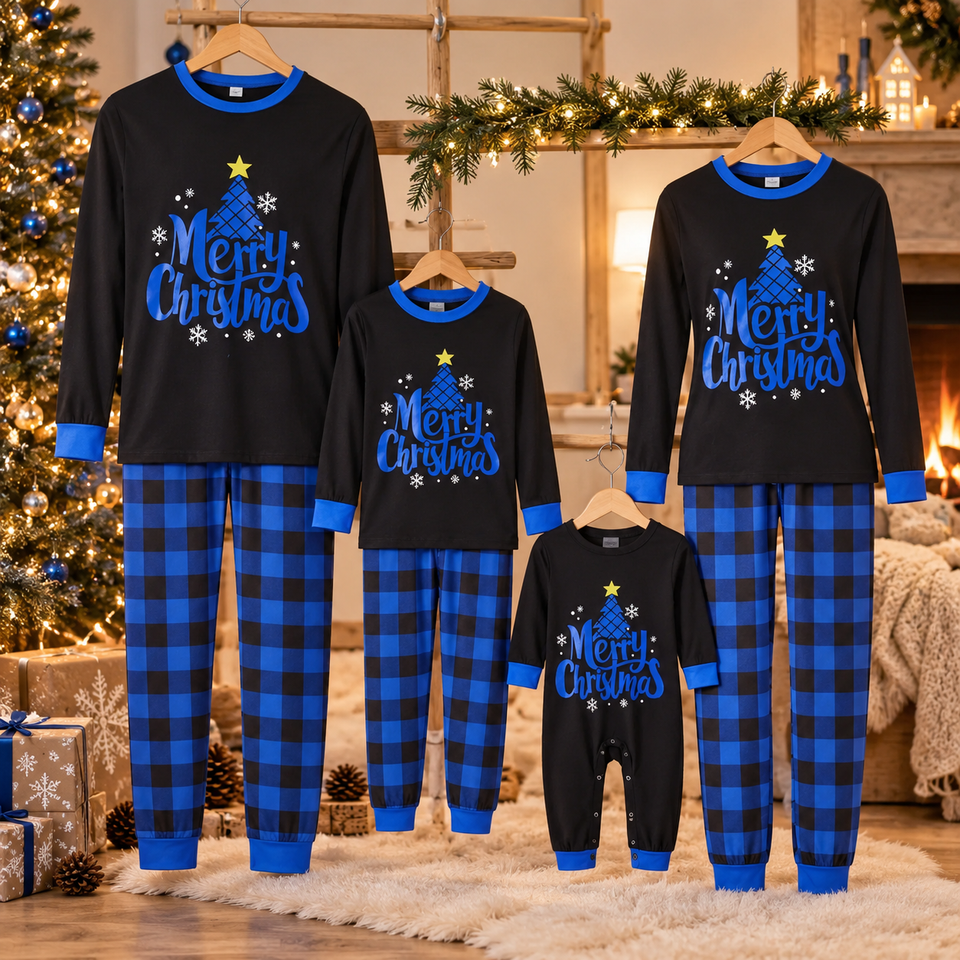 CozyChristmas – Feestelijk & Comfortabel – Familie Kerstpyjama met Blauwe Ruitjesbroek