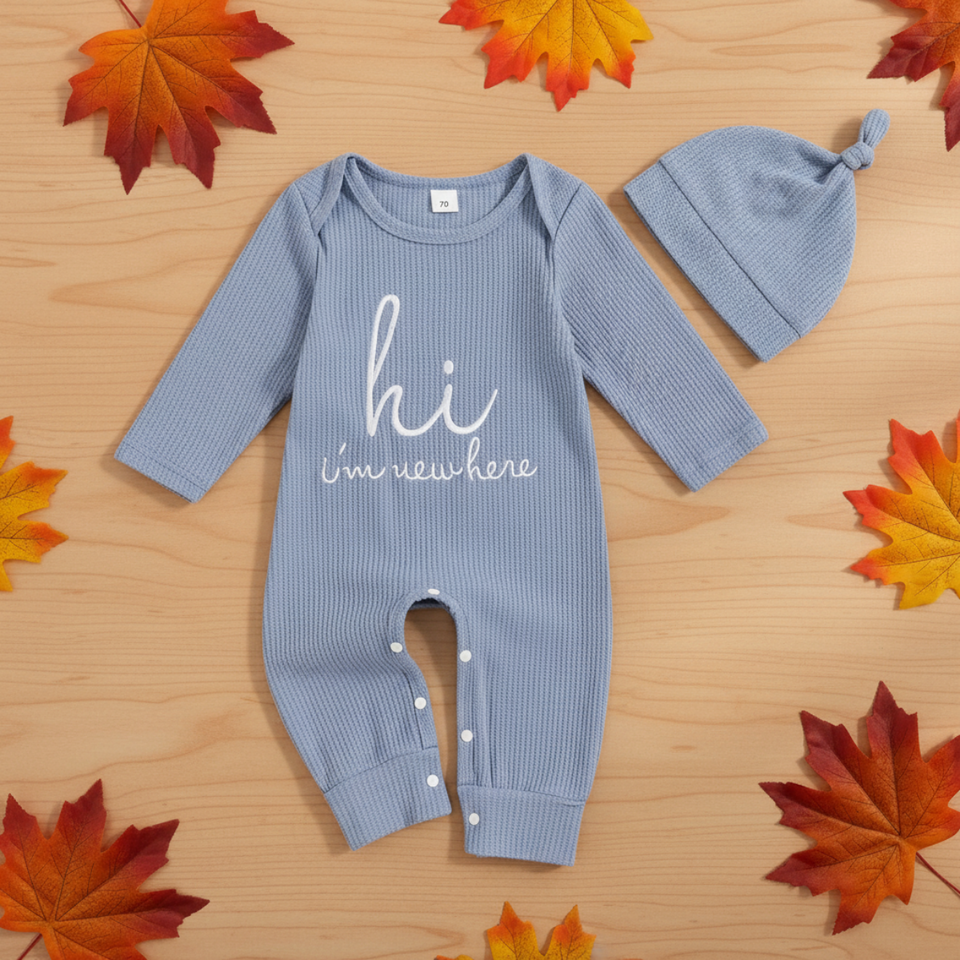 CuddleBaby – Hi, I'm new here – Baby Jumpsuit met Beanie Set