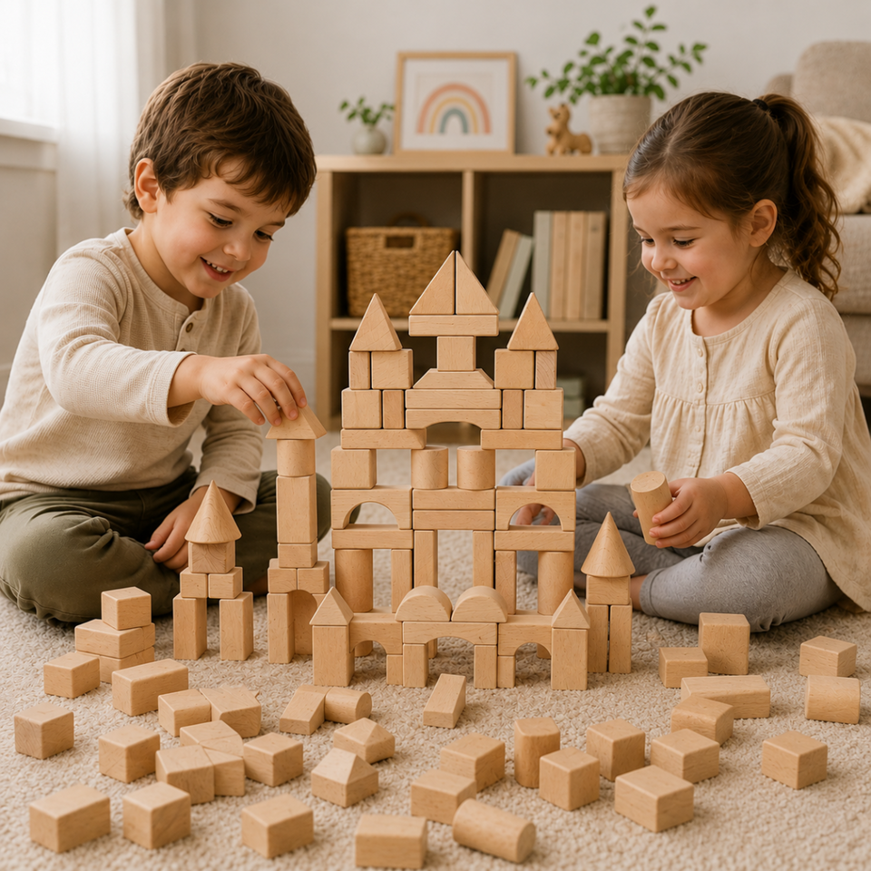 BlockyFun – Creatief & Educatief – 100-delige Houten Bouwblokken Set
