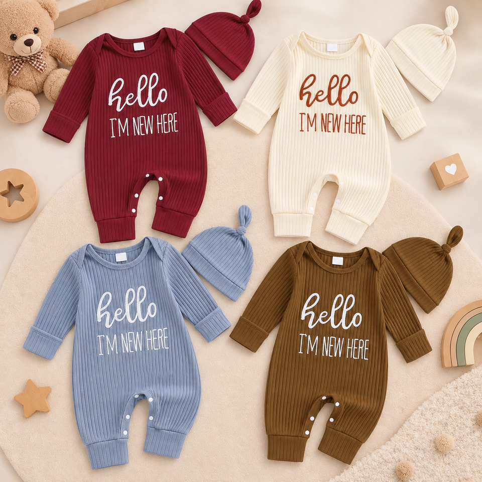 CuddleBaby – Hi, I'm new here – Baby Jumpsuit met Beanie Set