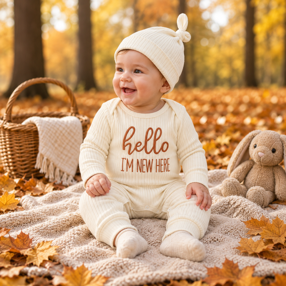 CuddleBaby – Hi, I'm new here – Baby Jumpsuit met Beanie Set