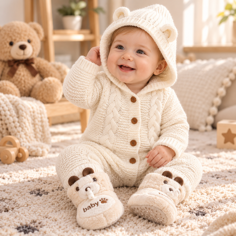 SoftKnit – Warm & Schattig – Gebreid Baby Jumpsuit met Capuchon