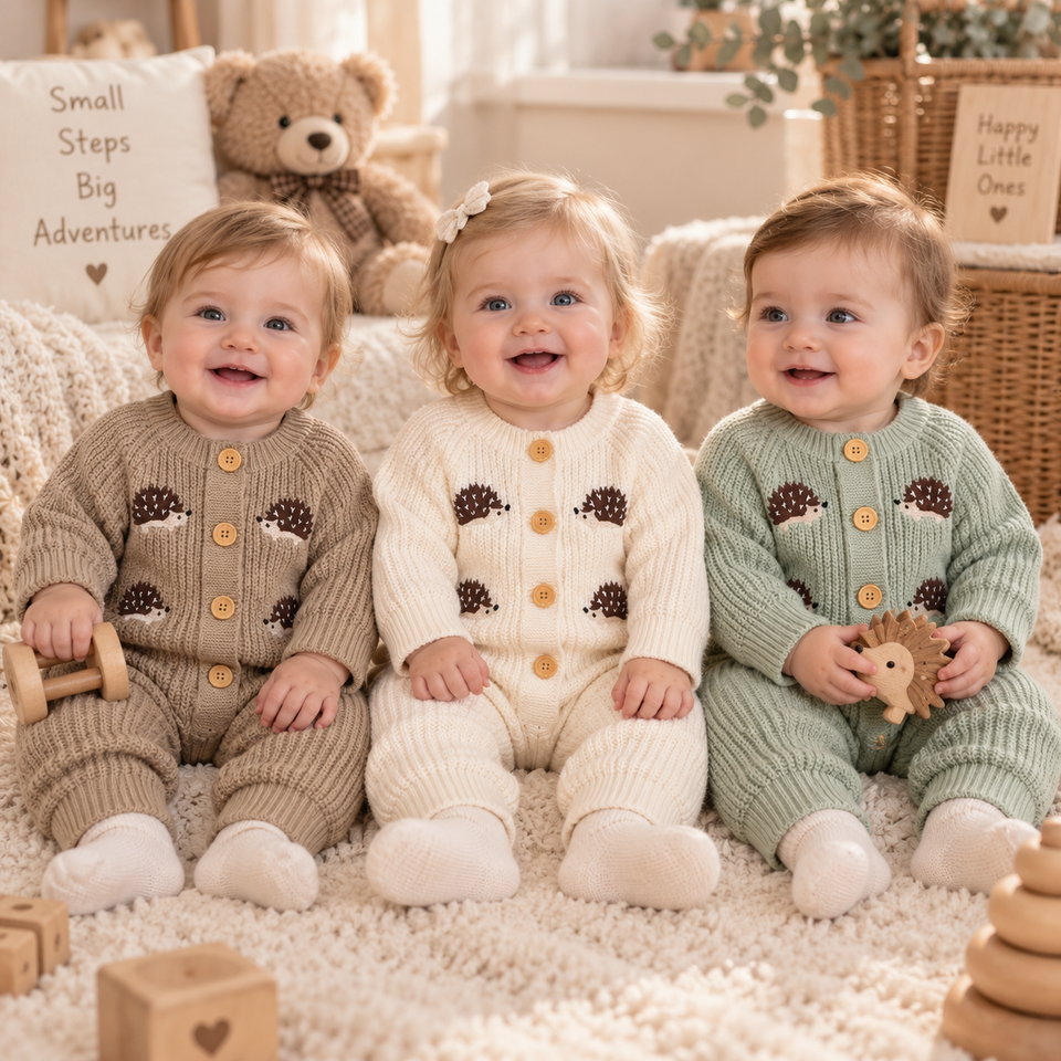 CozyHedge – Zacht & Warm – Gebreid Baby Jumpsuit met Egelprint