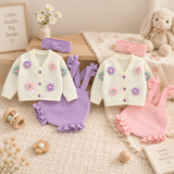 FloraKnit – Zacht & Schattig – Baby Outfit met Vestje, Tuinbroek en Haarband