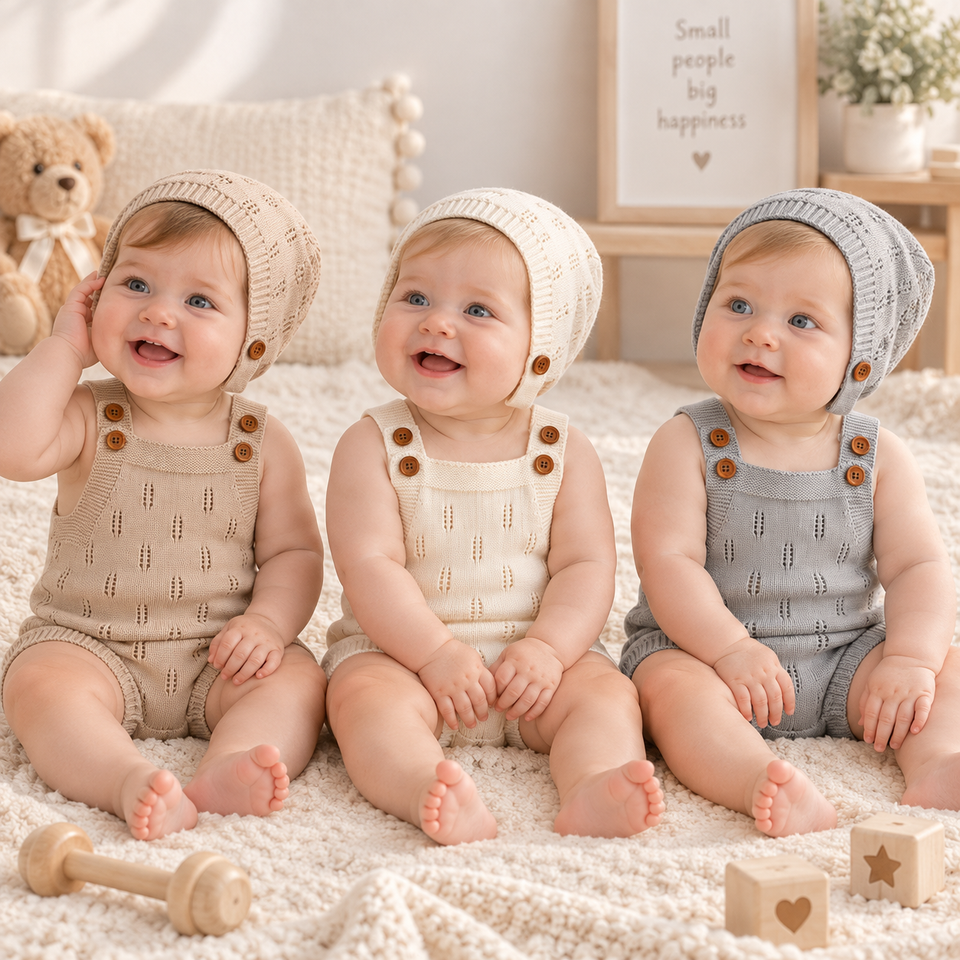 MiniCozy – Zacht & Comfortabel – Gebreide Baby Tuinbroek met Mutsje