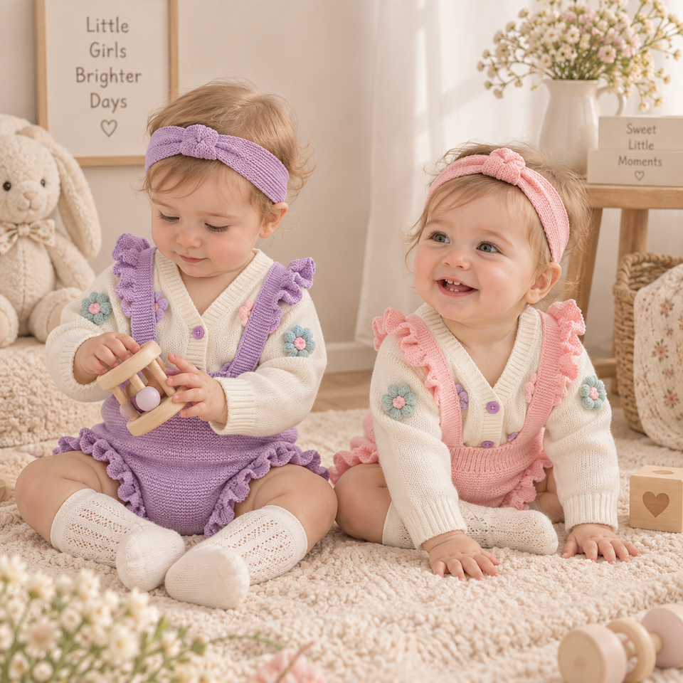 FloraKnit – Zacht & Schattig – Baby Outfit met Vestje, Tuinbroek en Haarband