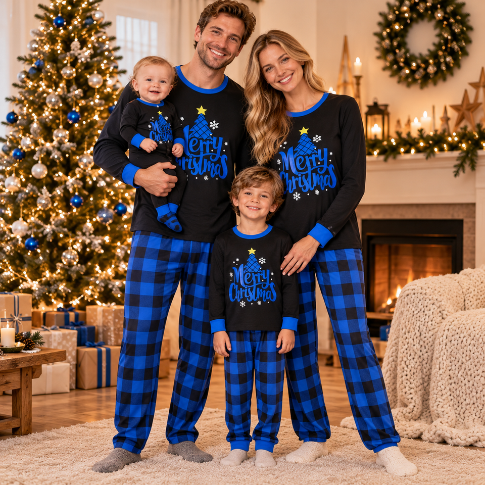 CozyChristmas – Feestelijk & Comfortabel – Familie Kerstpyjama met Blauwe Ruitjesbroek