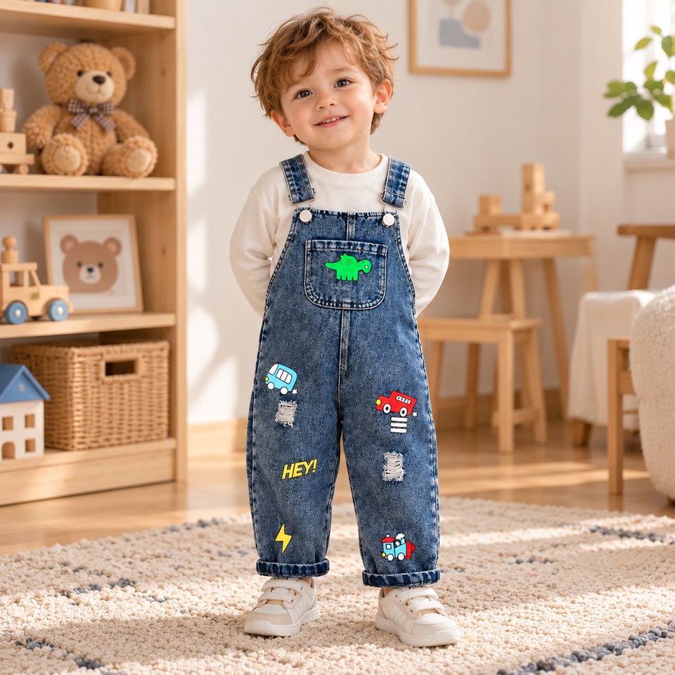 DinoDenim – Stoer & Speels – Kinder Tuinbroek met Cartoonprints