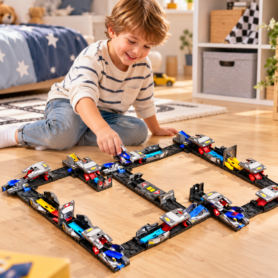 TrackRush – Snel & Creatief – Flexibele Racebaan met Transformeerbare Auto’s