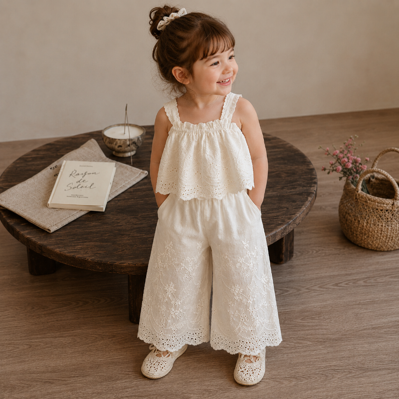 TinyLuxe – Zomerset Kanten Top en Broek met wijde pijpen