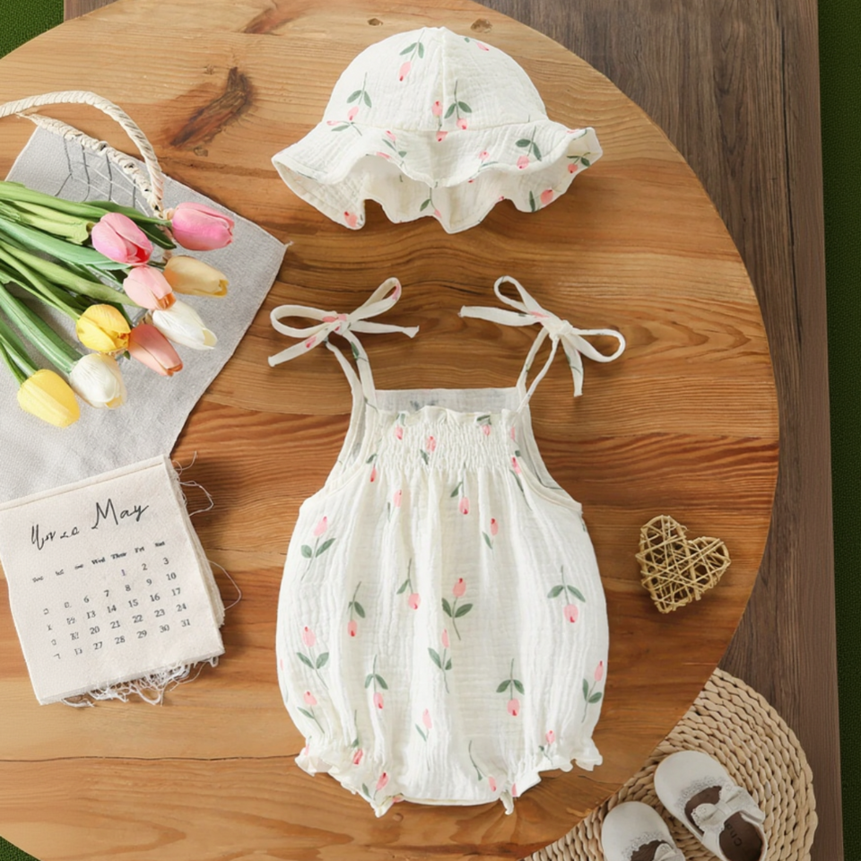 LittleBlossom – Zomers Comfort & Stijlvol – Baby Sling Bodysuit met Hoed