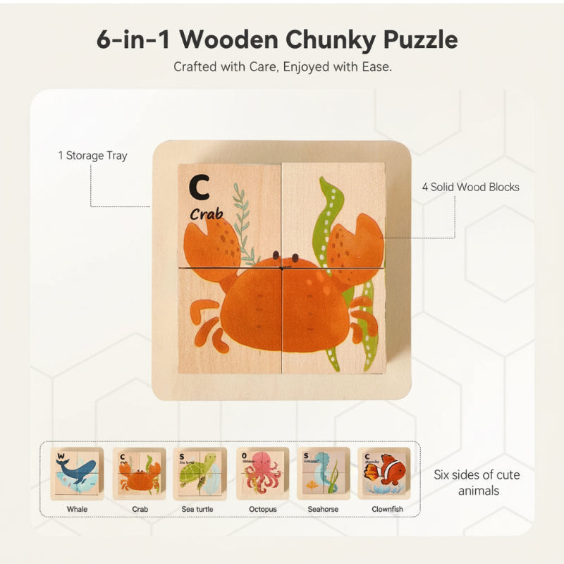 WoodMind – Creatief & Leerzaam – 6-in-1 Montessori Dieren Houten Puzzel