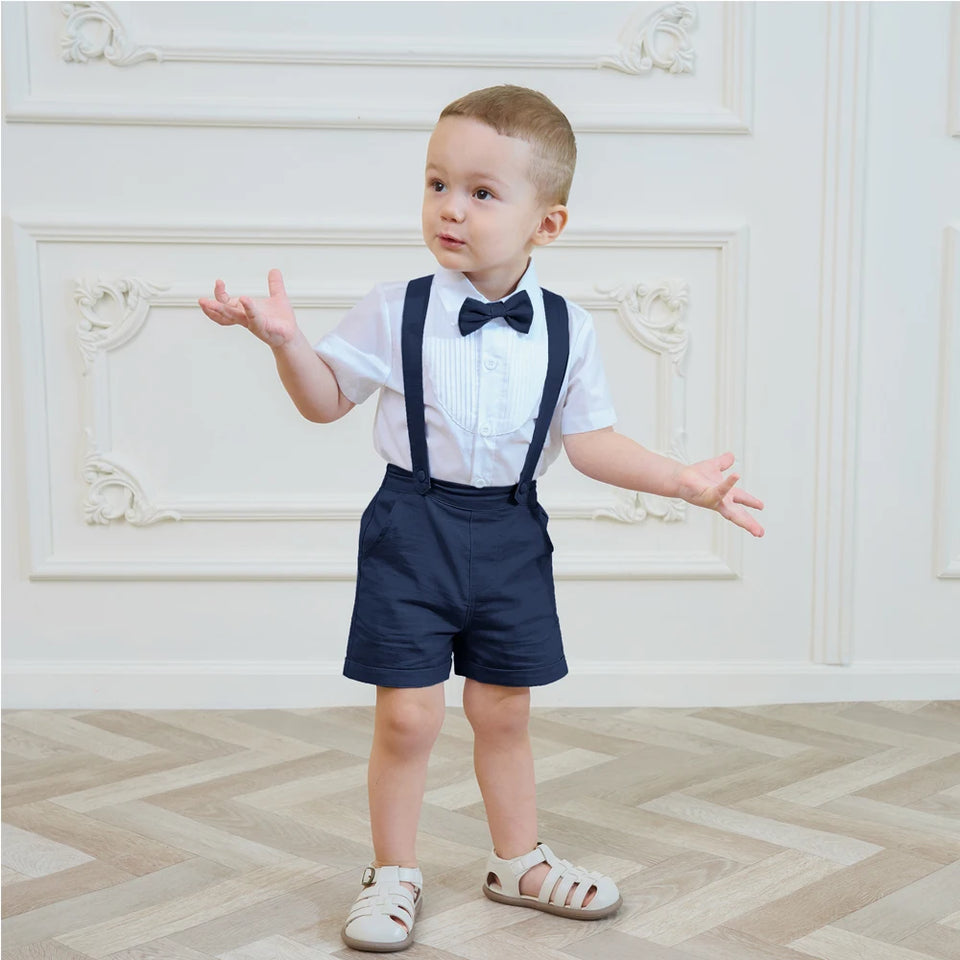 LittleDandy – Klassiek & Elegant – Katoenen Shorts met Bretels, Strikje & Overhemd