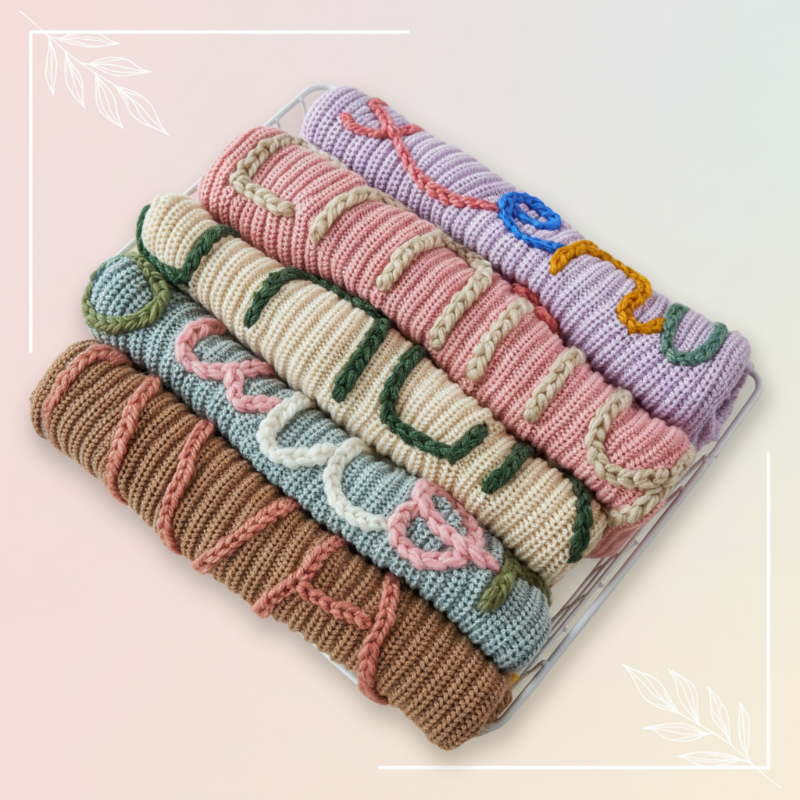 TinyStitch – Gepersonaliseerde Gebreide Naamtrui voor Baby’s & Kinderen