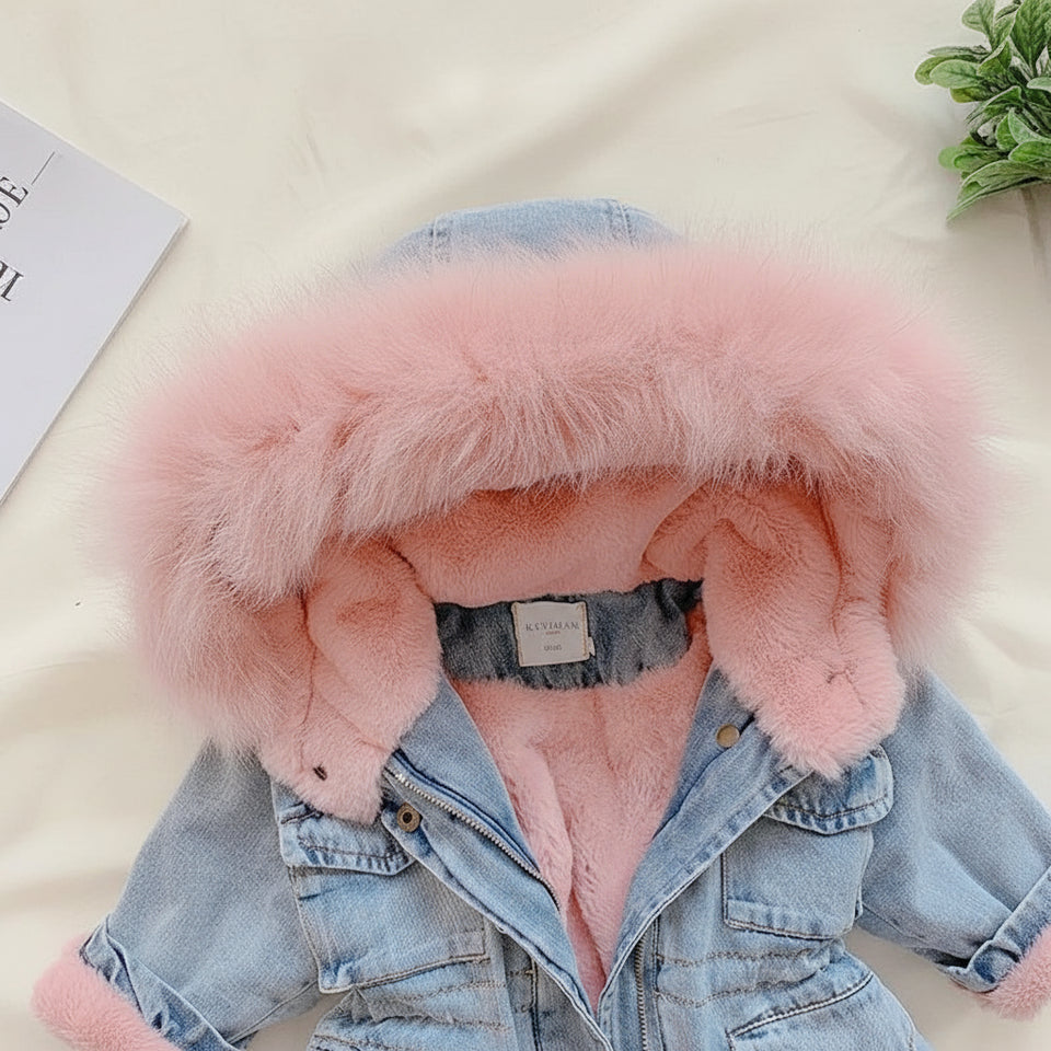 FurDream – Denim Look – Winterjas met Capuchon