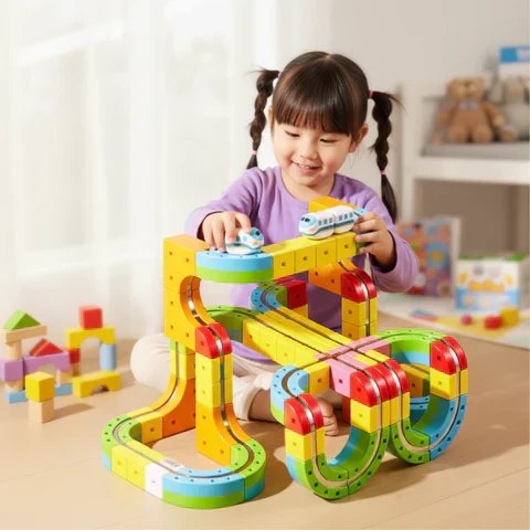Meisje bouwt een treinbaan met de DIY Cube Track